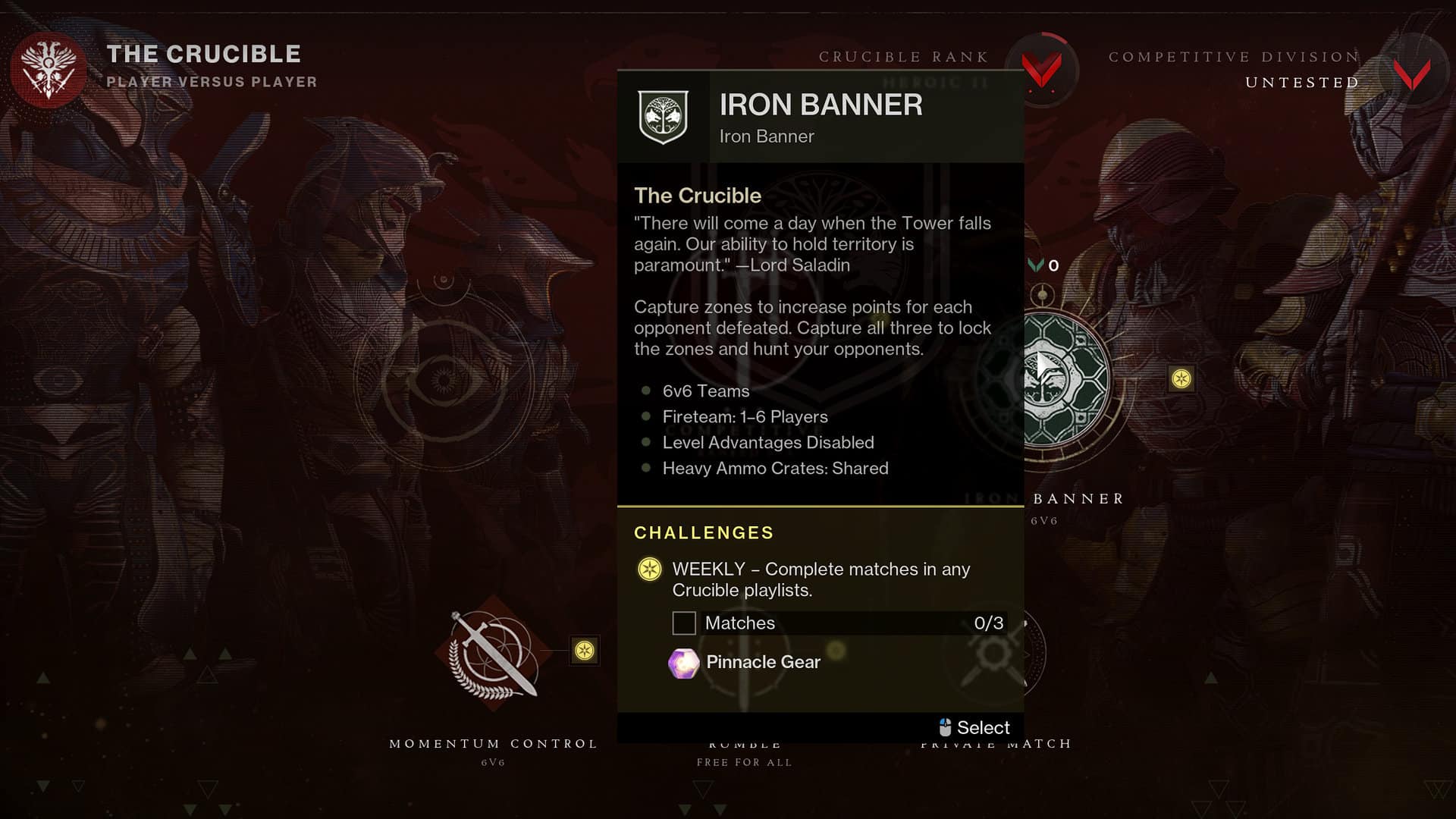 Hraní herní seznamu železných bannerů Destiny 2