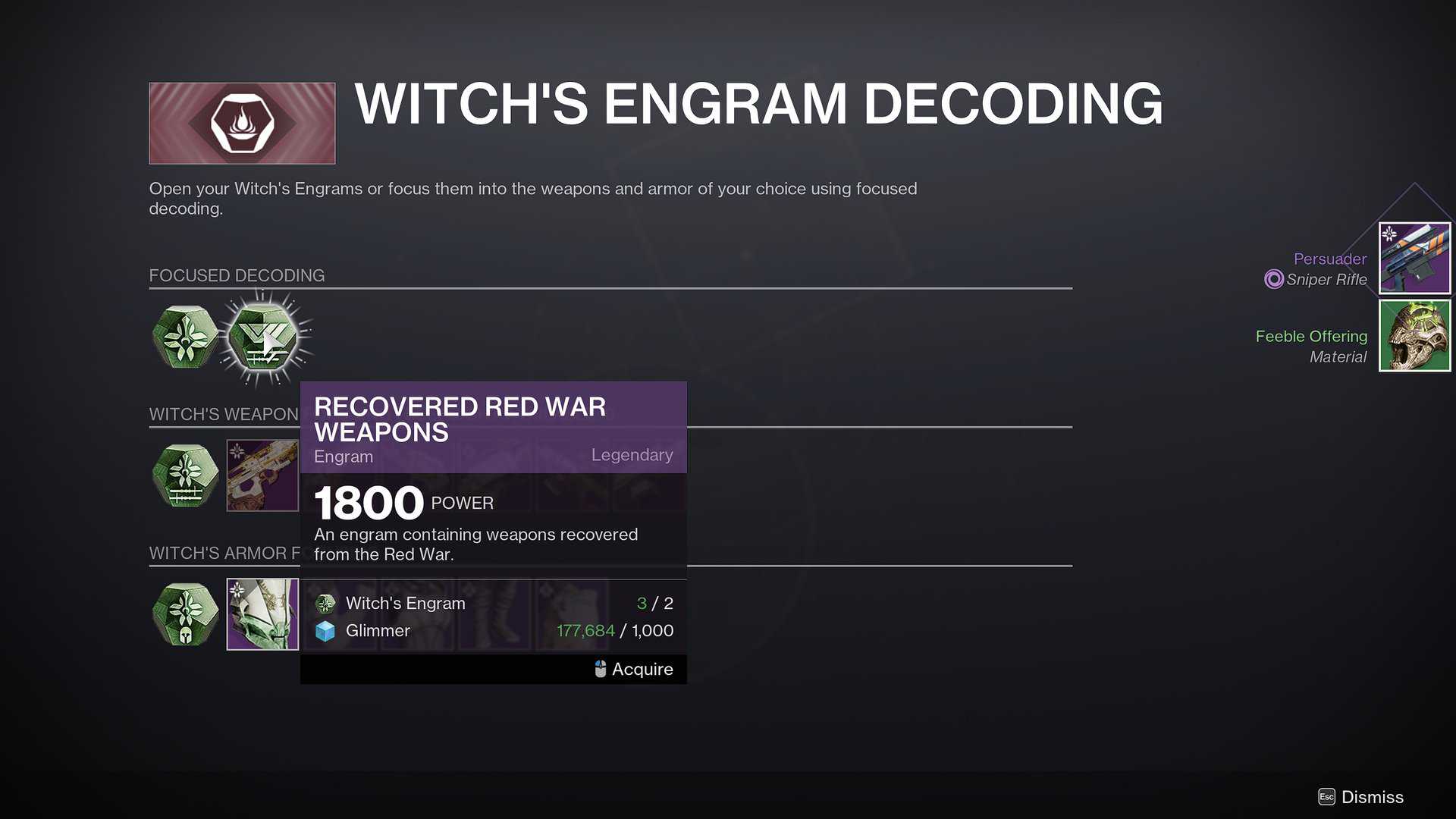 Recovered Red War weapons focusing screen