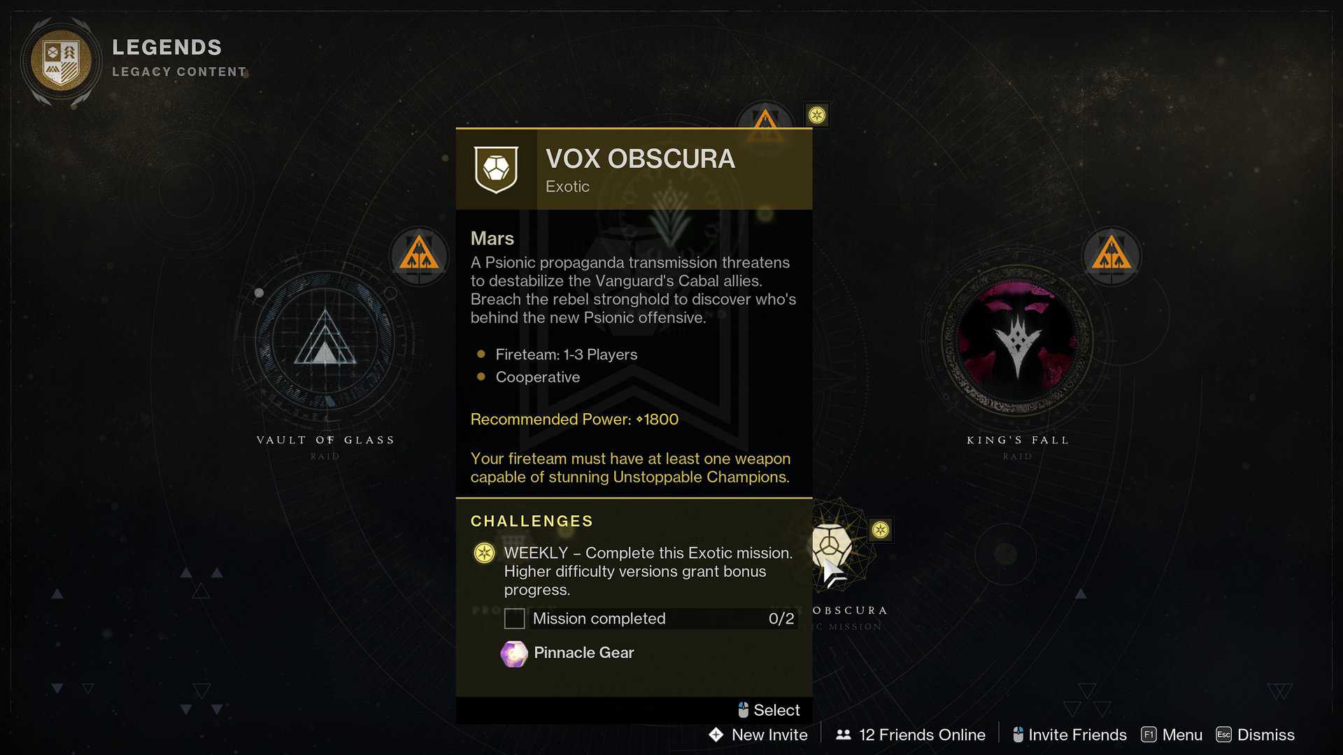 Vox Obscura Exotic Mission Screen