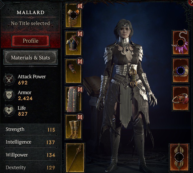 Sorcerer Inventory screen Diablo 4