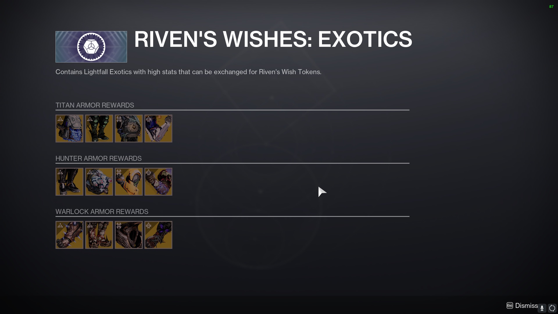Wish Tokens Exotics screen Destiny 2