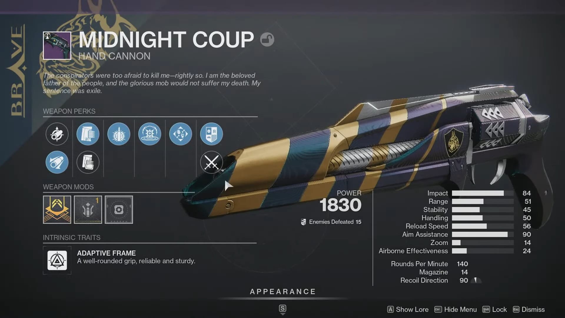 Midninght Coup Perks screen Destiny 2