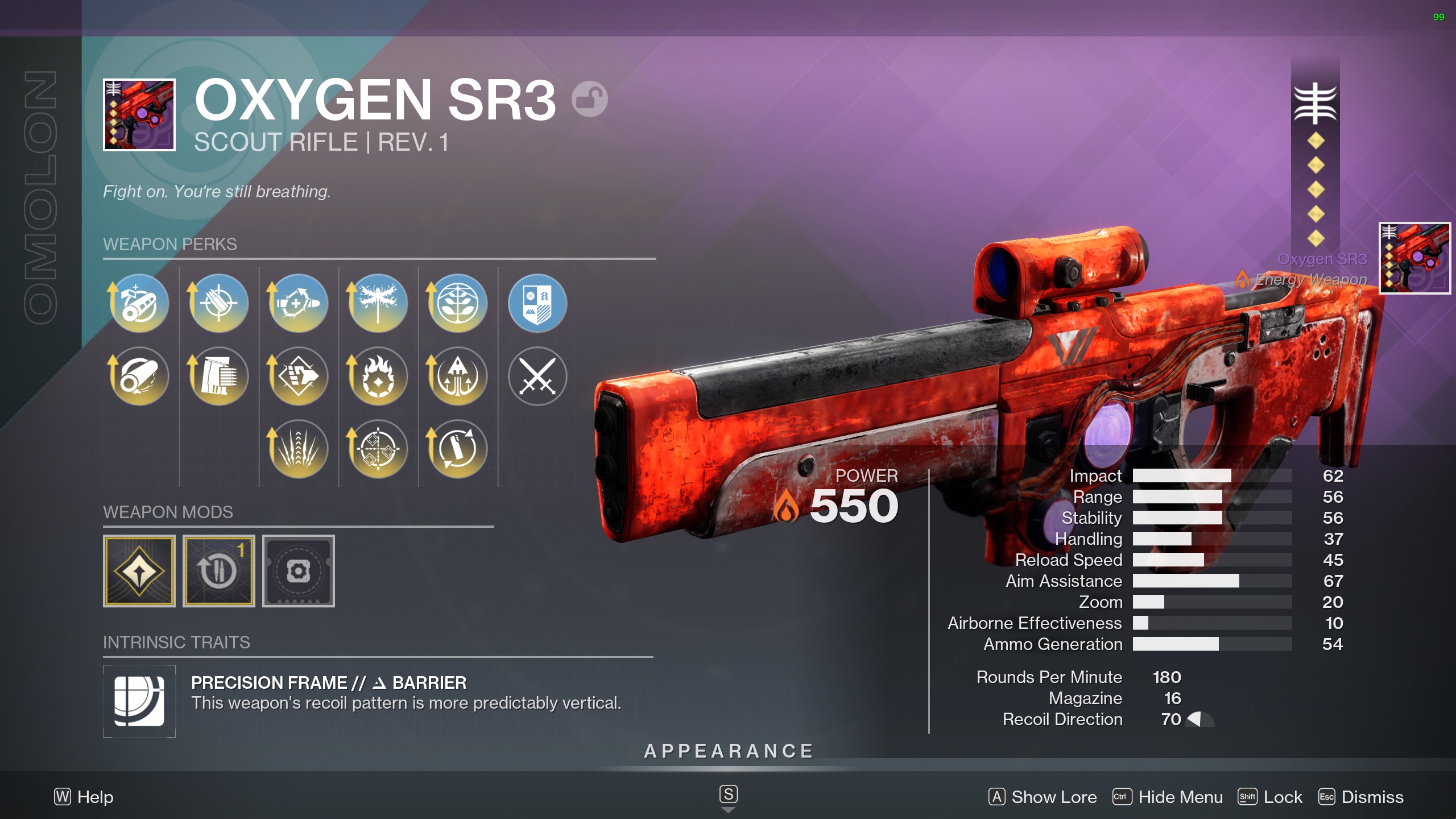 Oxygen SR3 God Rolls screen Destiny 2